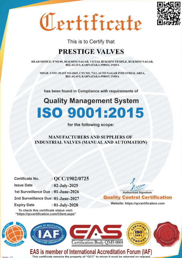 Prestige Valves ISO 9001:2015 certificate